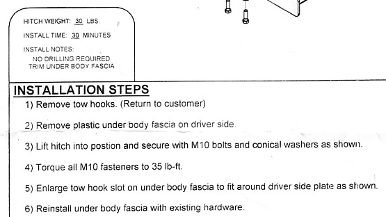 Curt Hitch mounting instruction sheet
